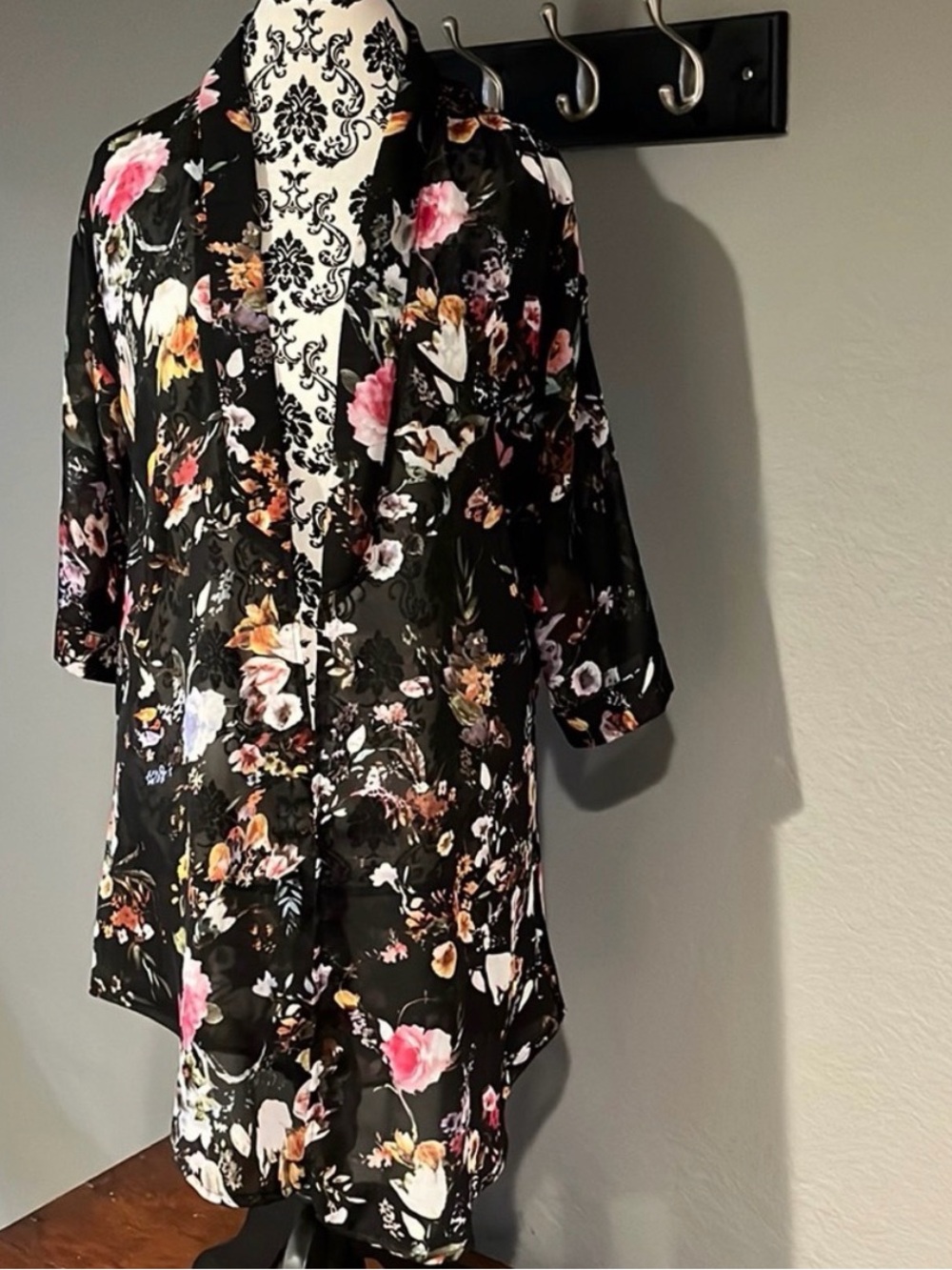 Black Floral Satin Kimono-Style Tunic